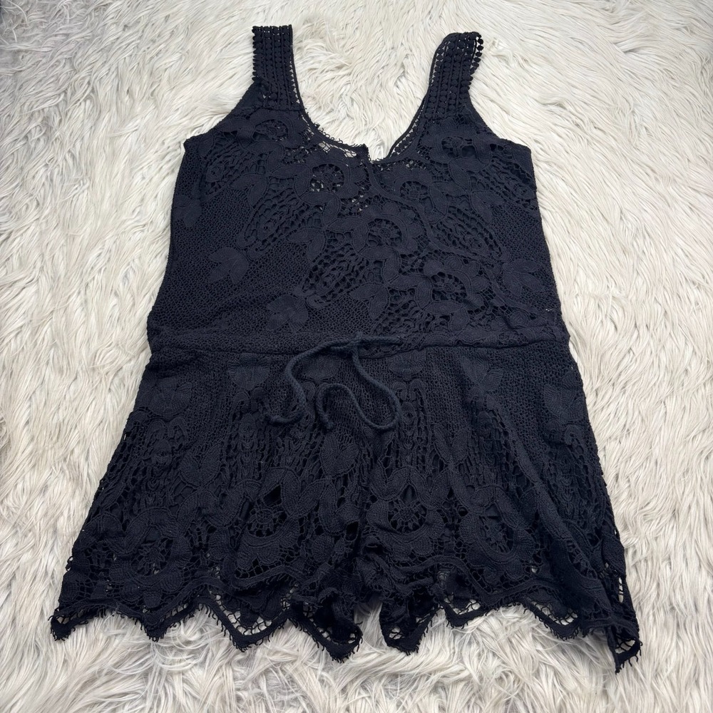 Free People Women's XS Black Crochet Lace Surplice Romper Swim Coverup Resort